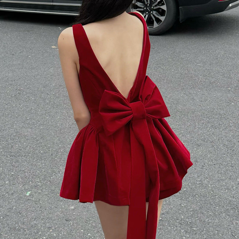 Sexy Backless Bow Red Velvet Waist-cinching A-line Dress