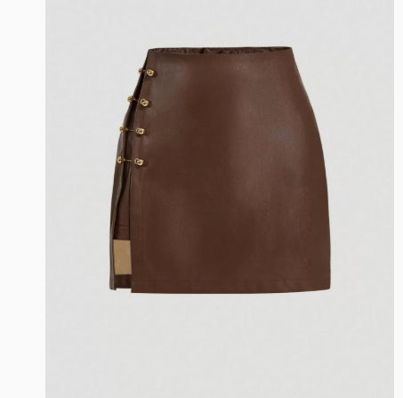 Womens Solid-Color Faux Leather Mini Skirt With Metal Buttons