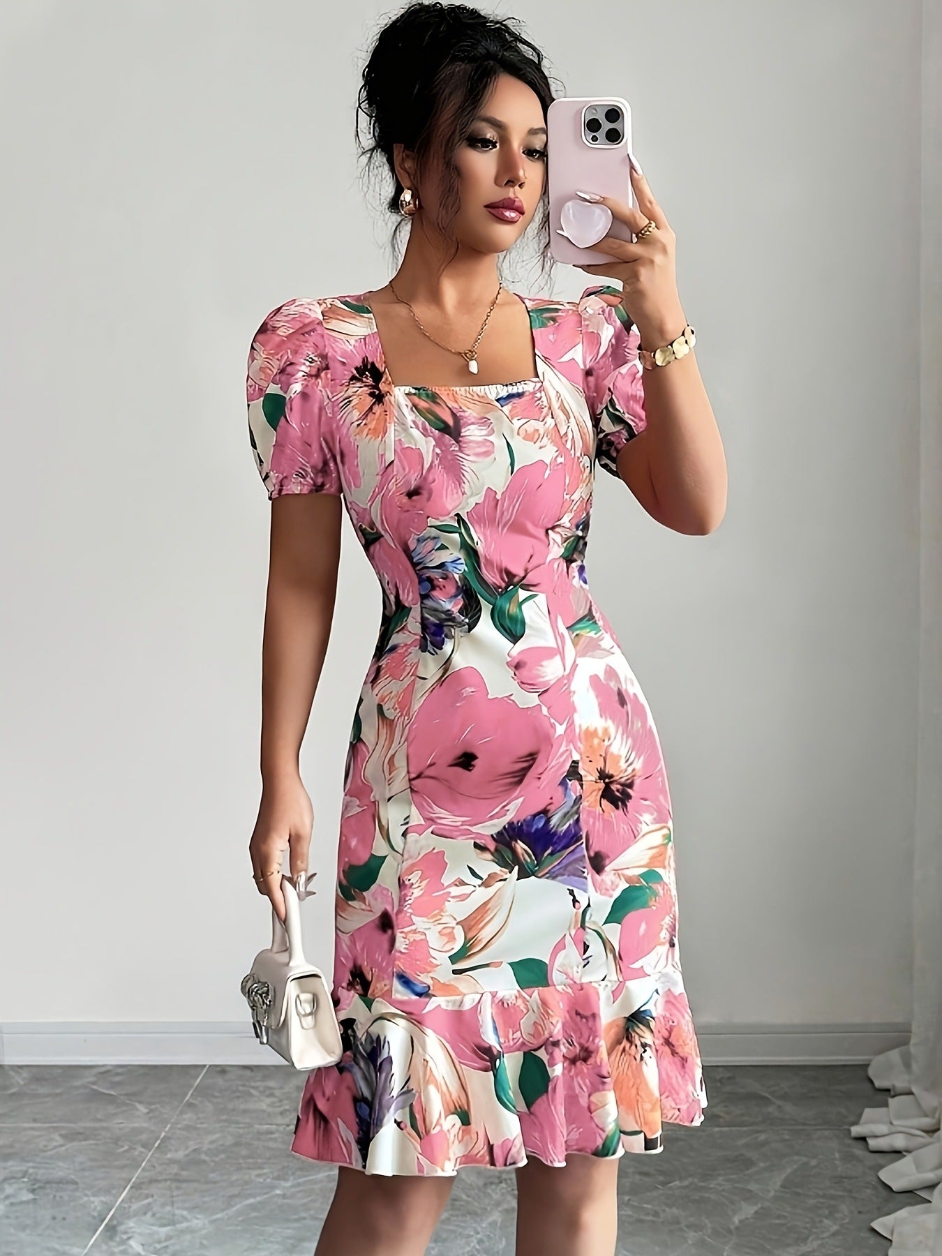 Womens Retro Square-Neck Puff-Sleeve Waist-Cinching Ruffle-Trim Dress