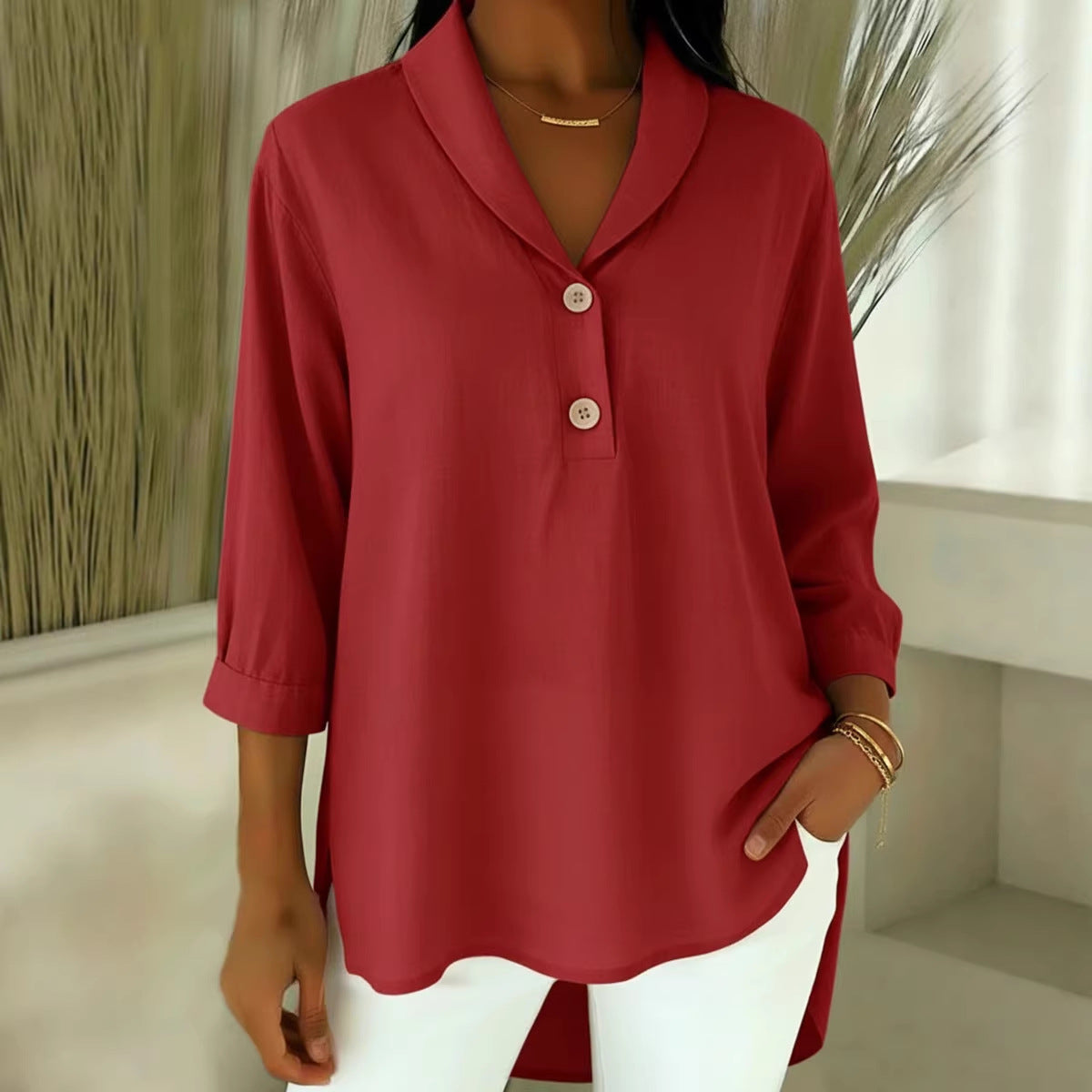 Womens Casual Loose-fitting Fashionable Button-up Shirt With A Peter Pan Collar