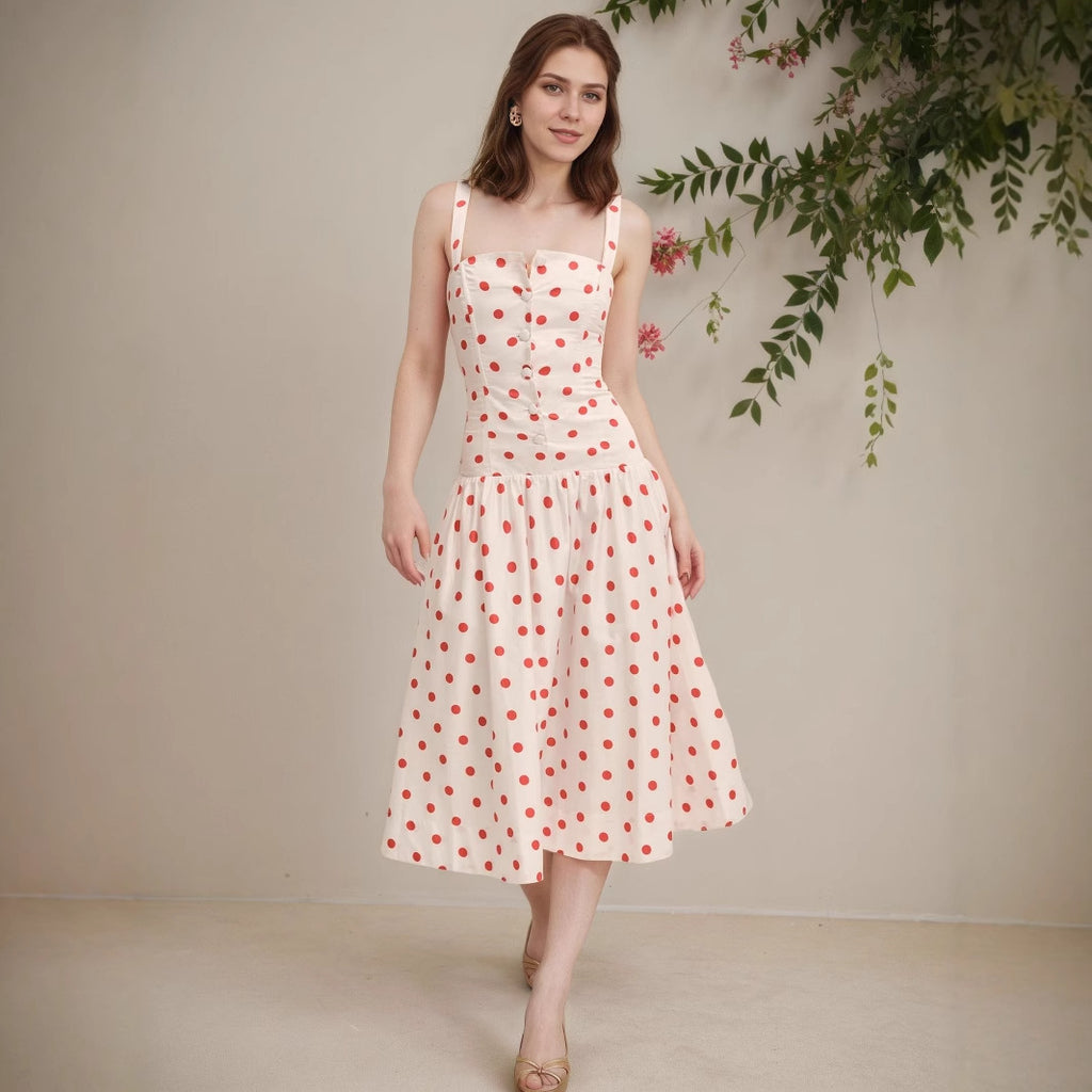 Elegant Figure-flattering Slip Dress With Polka Dots And A Cinched Waist