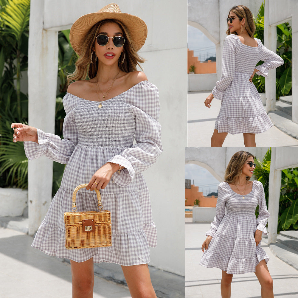 V-neck Smocking Simple Plaid A- Line Solid Color Dress Women