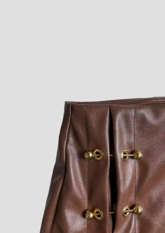 Womens Solid-Color Faux Leather Mini Skirt With Metal Buttons