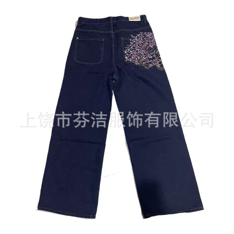 3D Digital-print Floral Faux Denim Straight-leg Floor-length Pants
