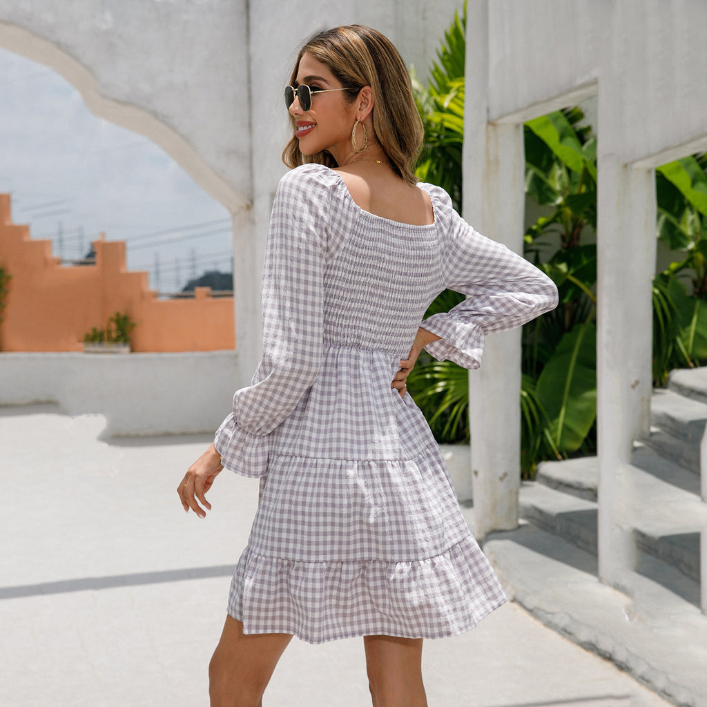 V-neck Smocking Simple Plaid A- Line Solid Color Dress Women