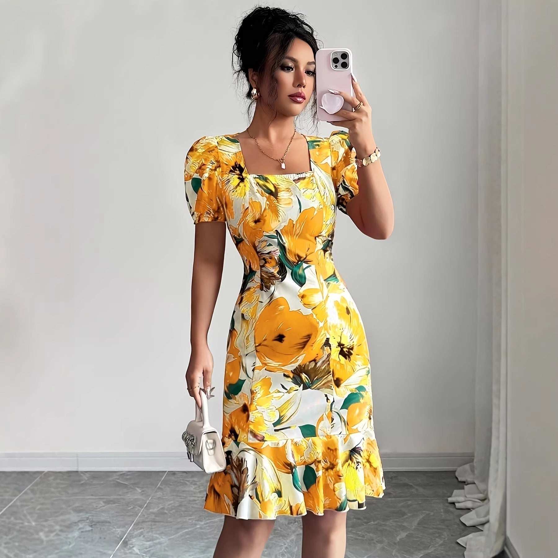 Womens Retro Square-Neck Puff-Sleeve Waist-Cinching Ruffle-Trim Dress