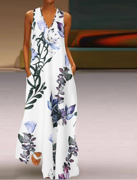 Sleeveless print a-line pocket dress