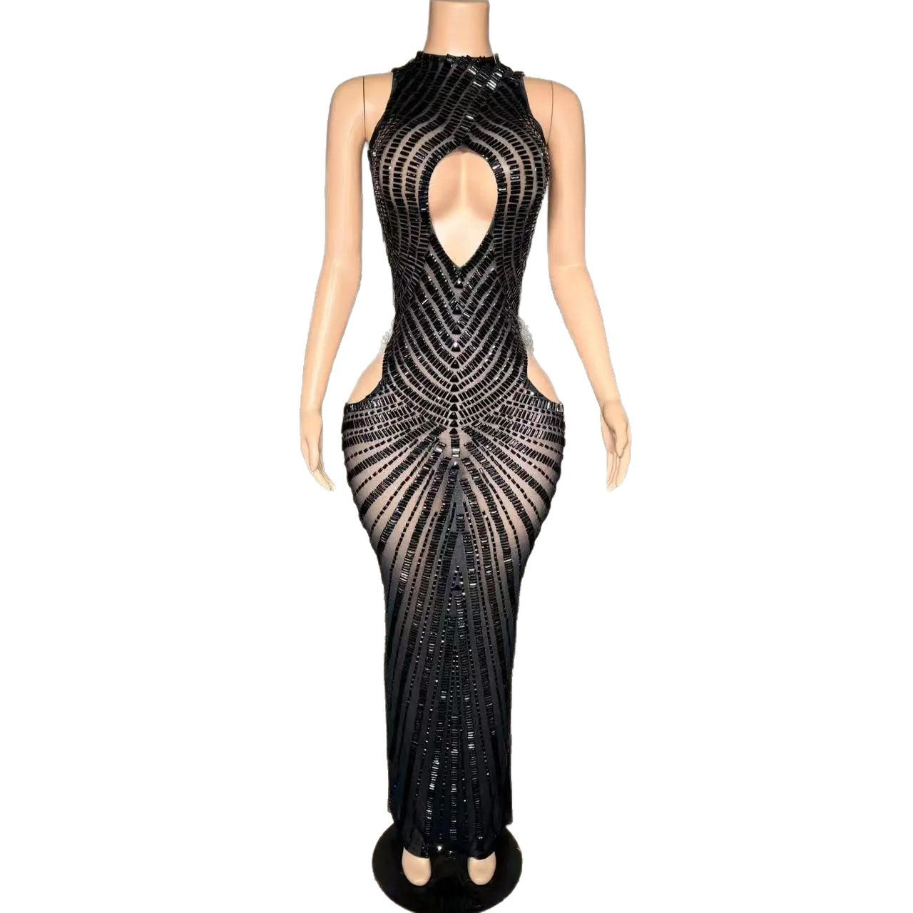 Womens Sexy Mesh Hollow-Out Nightclub Stage Dress Performance Outfit Evening Gown