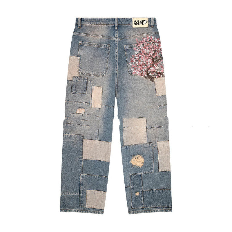 3D Digital-print Floral Faux Denim Straight-leg Floor-length Pants