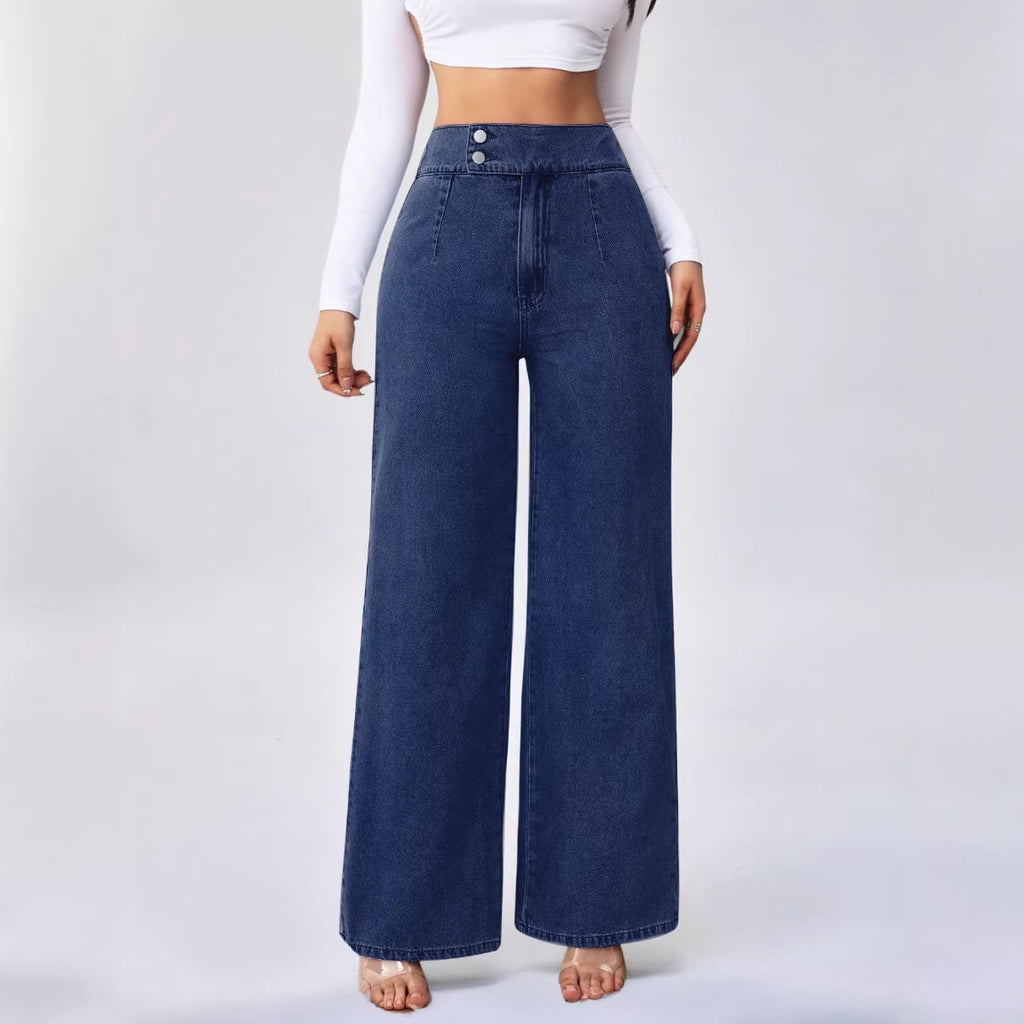 Versatile Straight-leg Loose-fit High-waisted Womens Solid-color Jeans With Double Buttons