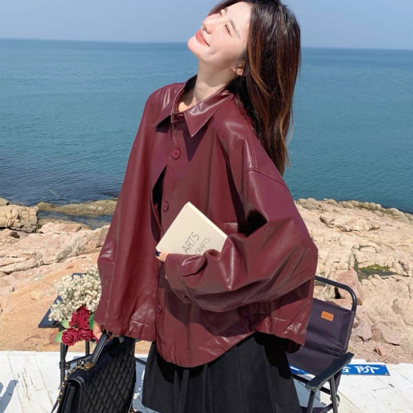 Short Relaxed Fit Retro Leather Jacket