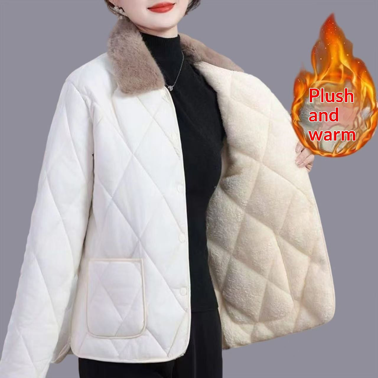 Womens Mid Length Cotton Coat With A Fur Collar