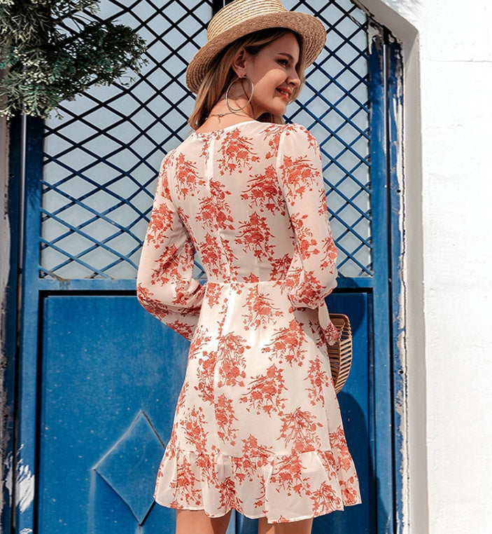 V-neck high waist A-line short dress