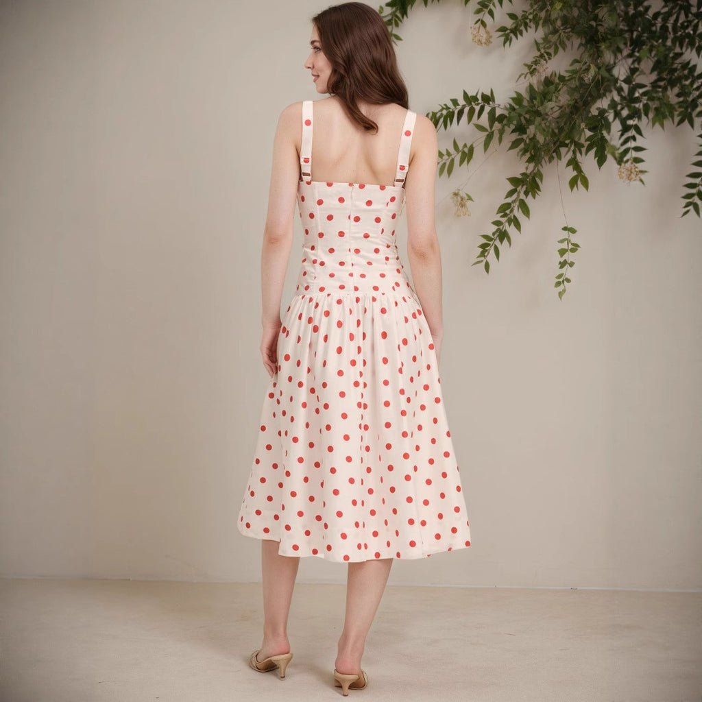 Elegant Figure-flattering Slip Dress With Polka Dots And A Cinched Waist