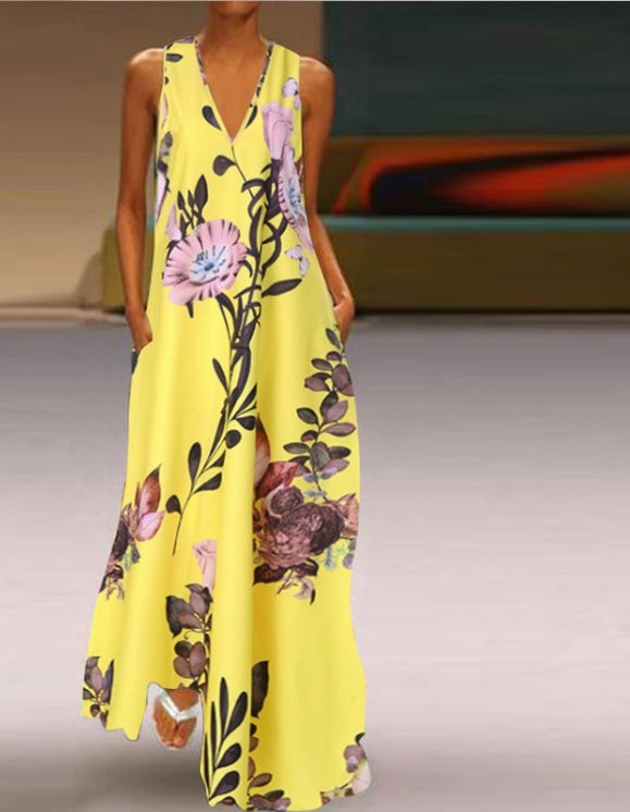 Sleeveless print a-line pocket dress