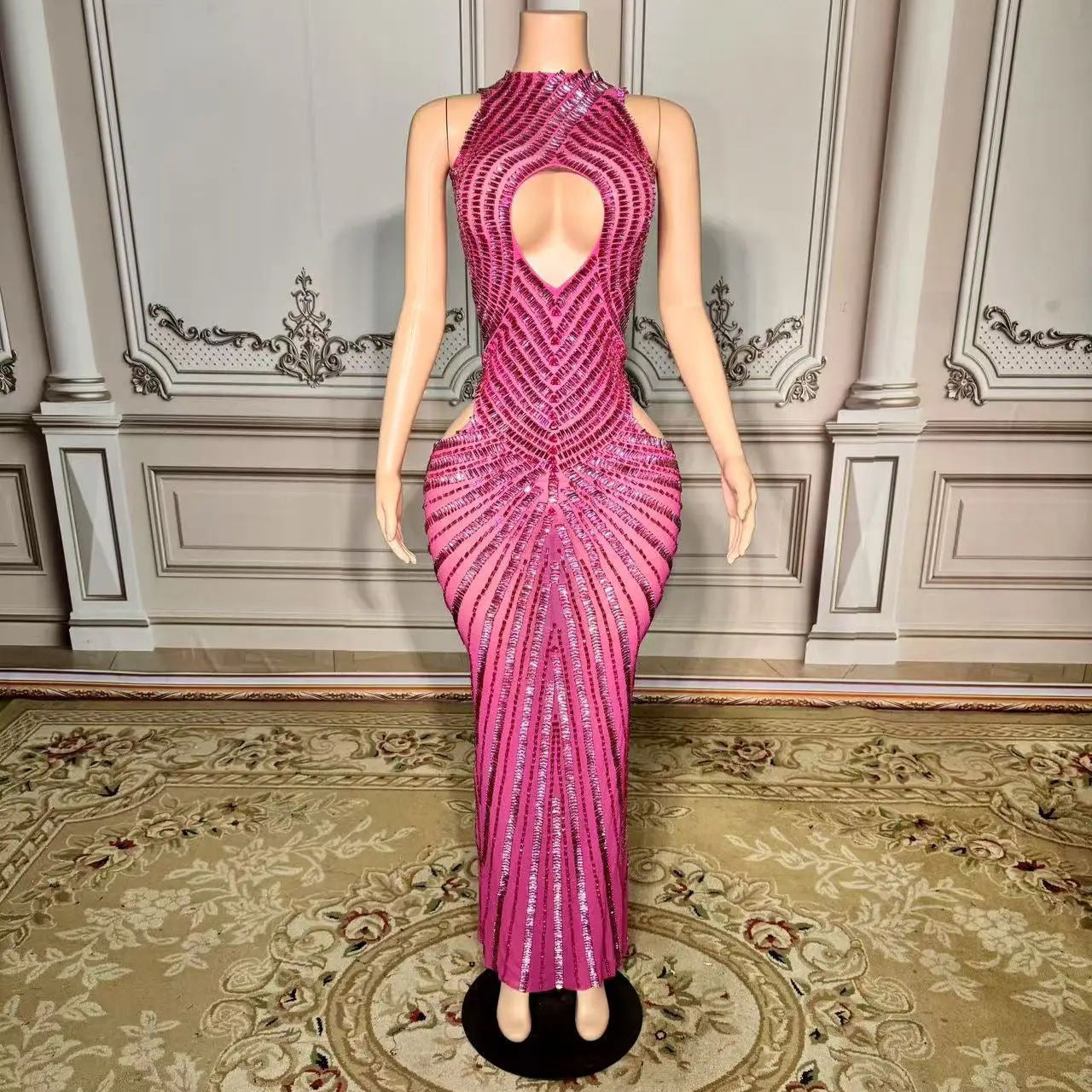 Womens Sexy Mesh Hollow-Out Nightclub Stage Dress Performance Outfit Evening Gown