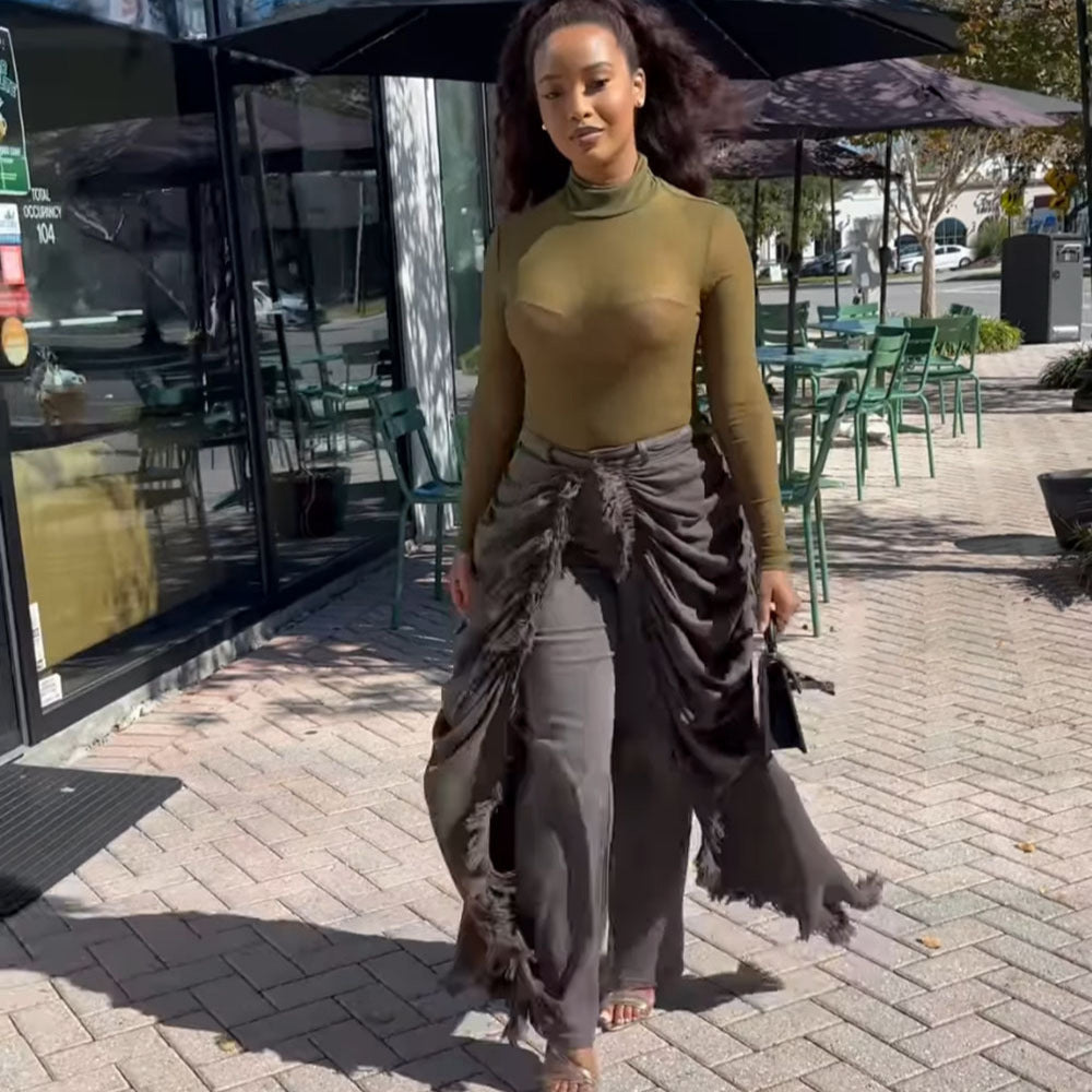 Womens High-Waisted Denim Jeans With Ruffled Hems