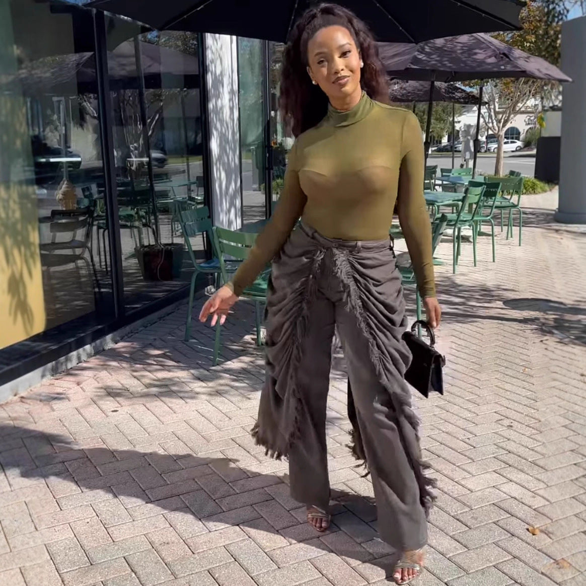 Womens High-Waisted Denim Jeans With Ruffled Hems