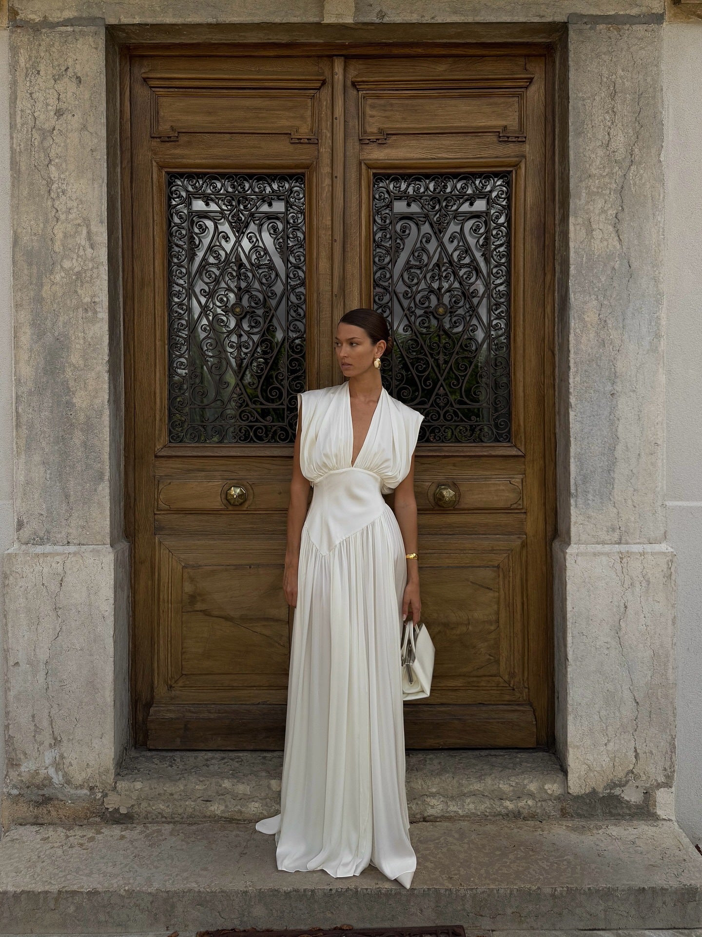 Womens V-neck Cinched-waist Slit Maxi Dress