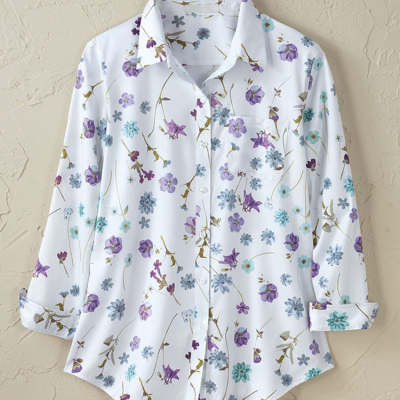 Womens Long-sleeve Shirt With A Simple Floral Print Top