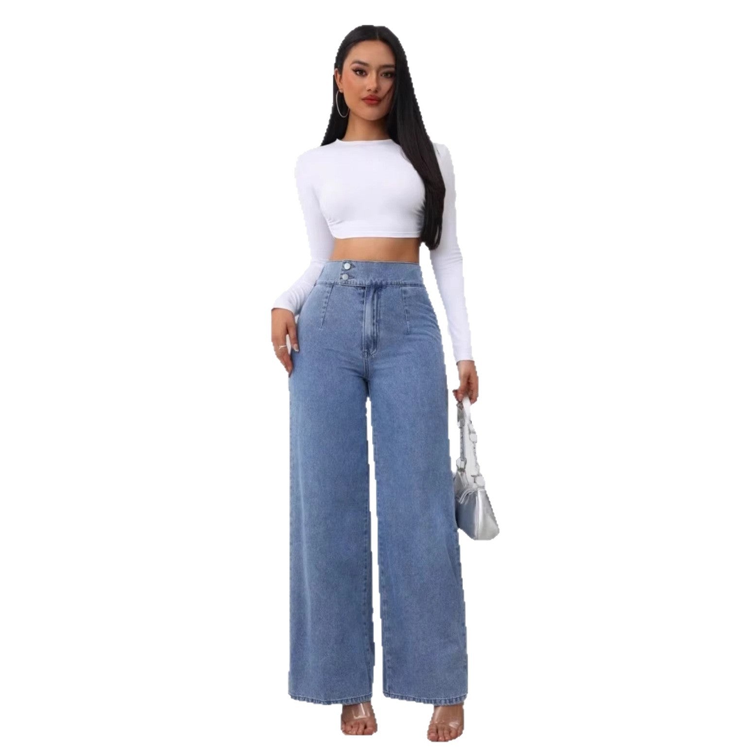 Versatile Straight-leg Loose-fit High-waisted Womens Solid-color Jeans With Double Buttons