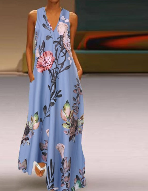 Sleeveless print a-line pocket dress