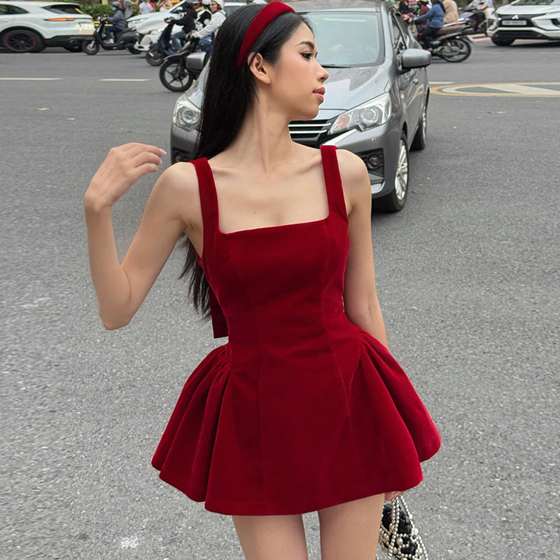 Sexy Backless Bow Red Velvet Waist-cinching A-line Dress