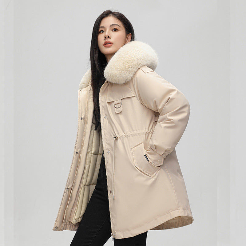 Mid-length Versatile Cotton Coat That Hits Below The Knee With A Fur-trimmed Collar