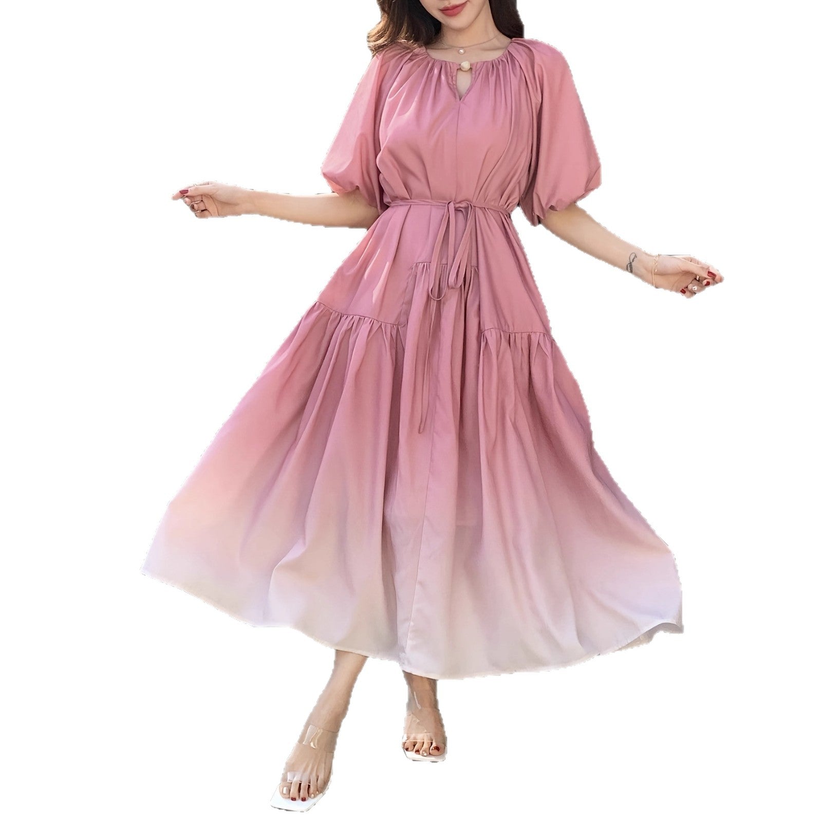 Bubble Sleeve Women's Mid-Length Waist-Cinching Elegant Dress