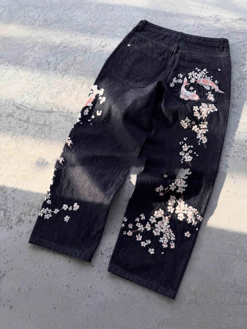 3D Digital-print Floral Faux Denim Straight-leg Floor-length Pants