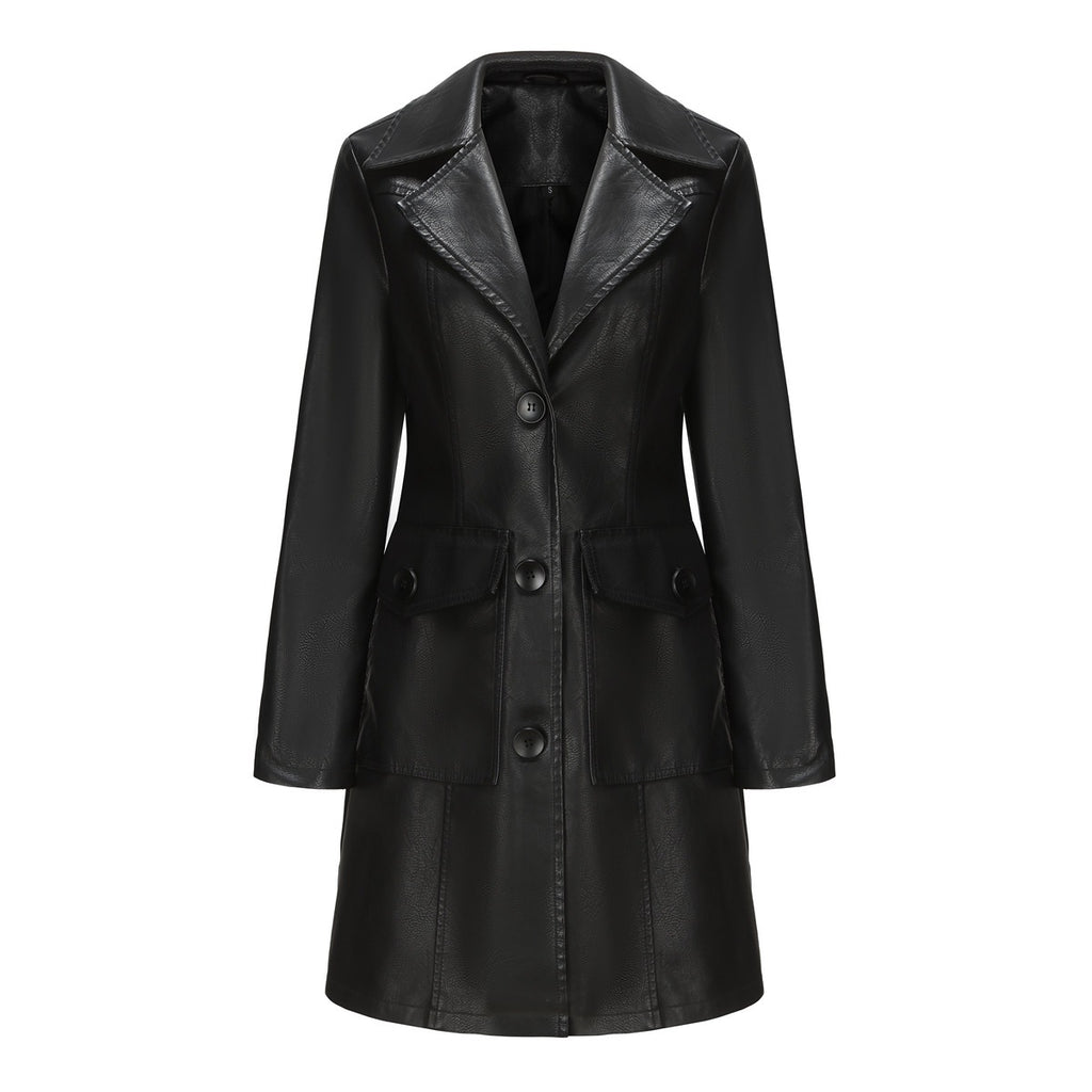Long Leather Trench Coat Fashionable Outerwear For Women