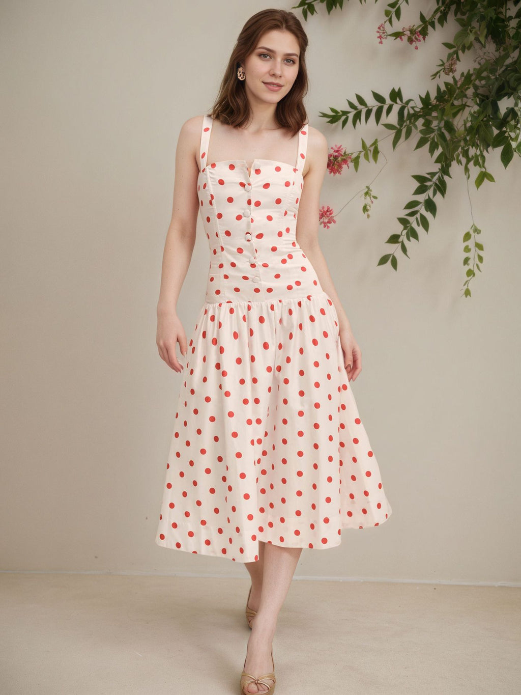 Elegant Figure-flattering Slip Dress With Polka Dots And A Cinched Waist