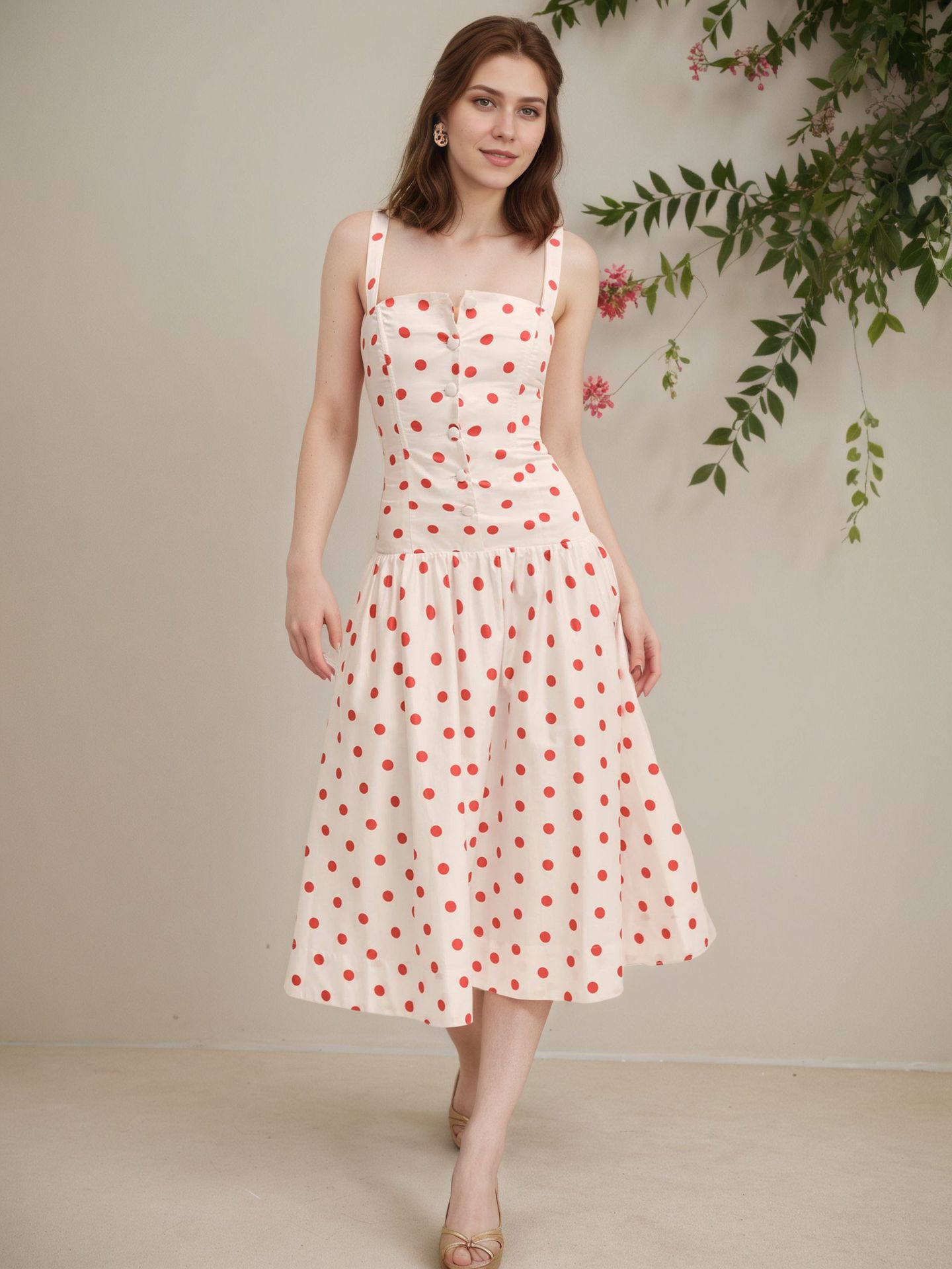 Elegant Figure-flattering Slip Dress With Polka Dots And A Cinched Waist