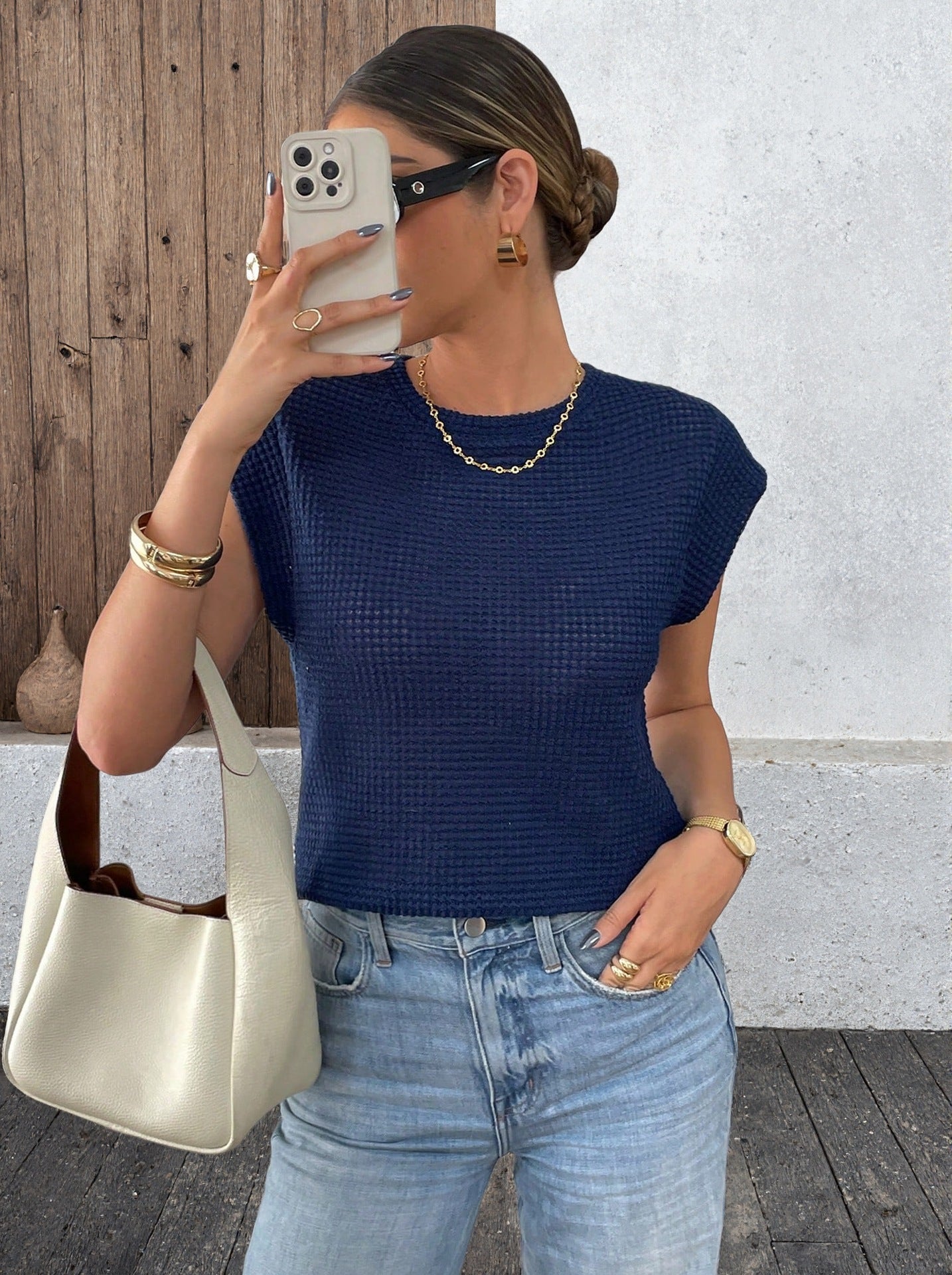 Womens Casual Crew-Neck Sleeveless Hollow-Out T-Shirt