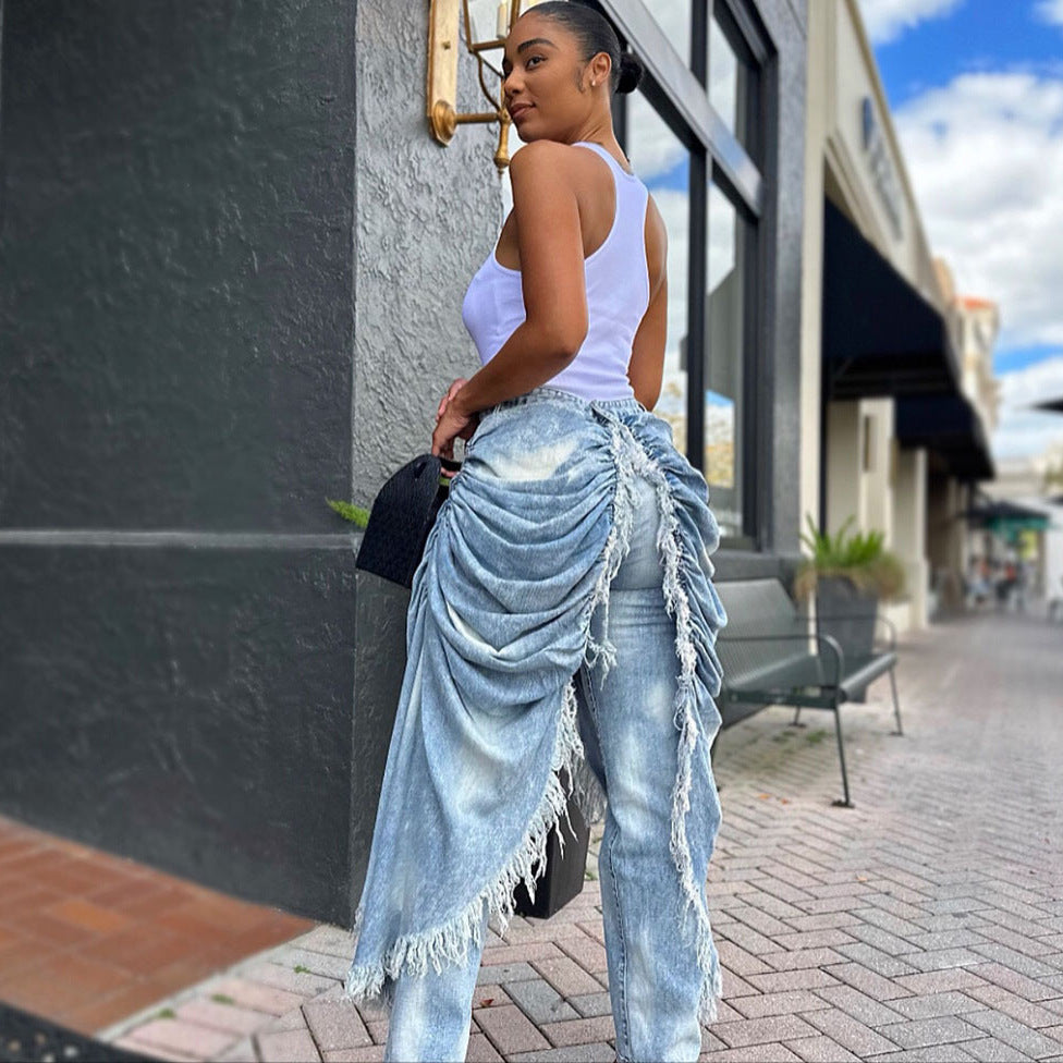 Womens High-Waisted Denim Jeans With Ruffled Hems