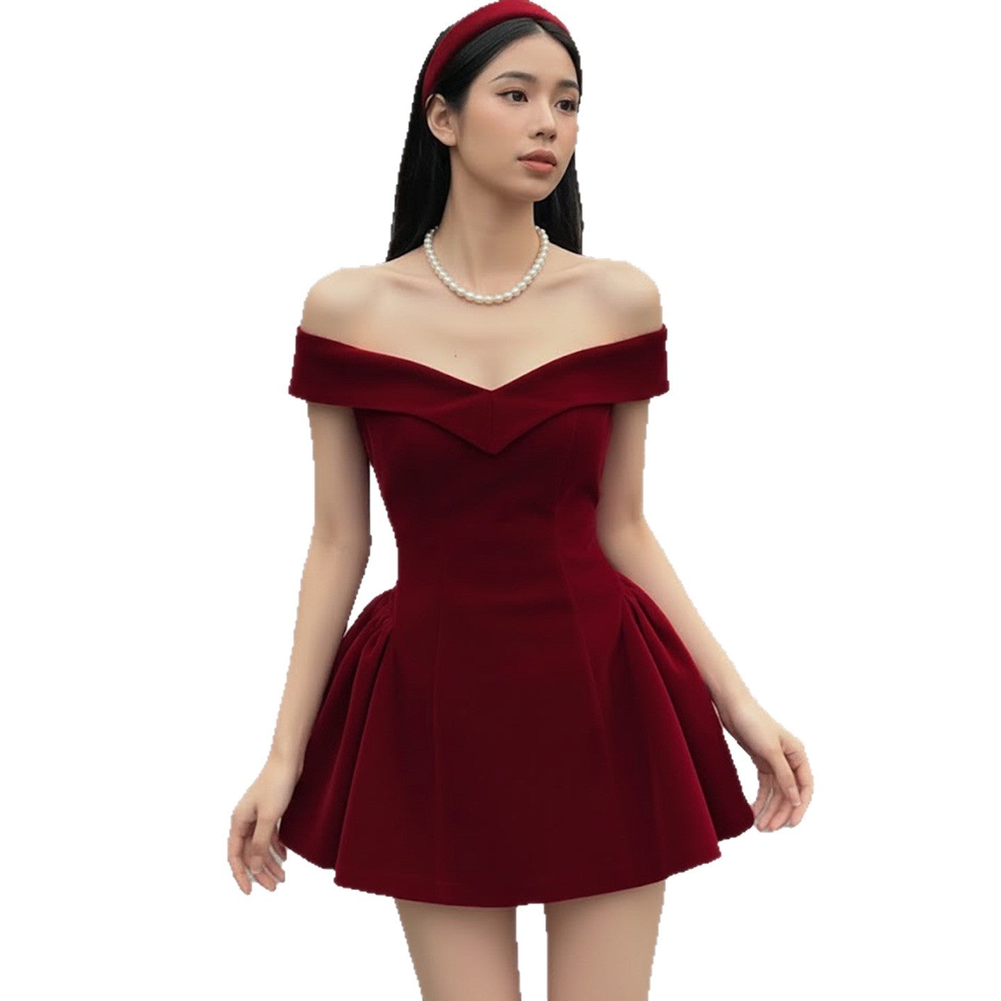Sexy Backless Bow Red Velvet Waist-cinching A-line Dress