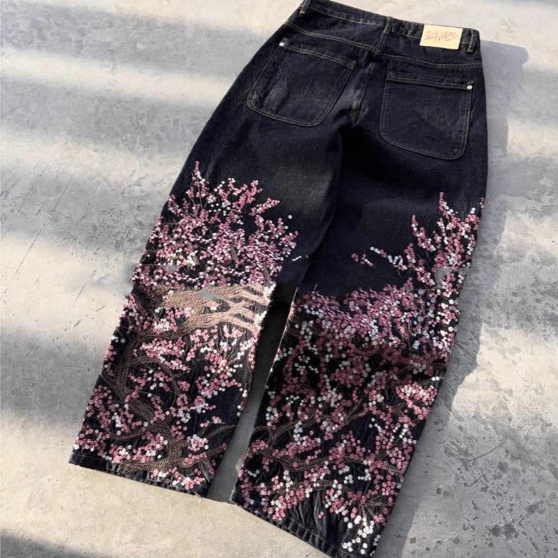 3D Digital-print Floral Faux Denim Straight-leg Floor-length Pants
