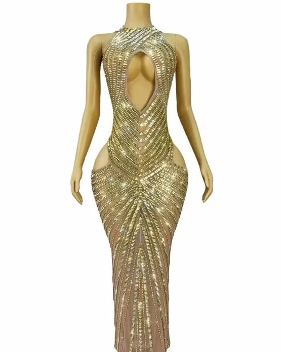 Womens Sexy Mesh Hollow-Out Nightclub Stage Dress Performance Outfit Evening Gown