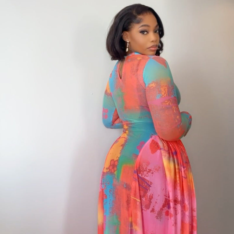 Retro Pleated Printed Patchwork Waist-cinching A-line Skirt