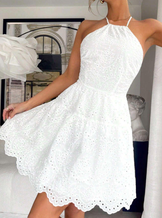 Lace Patchwork Long Dress High Waist A- Line White Dress