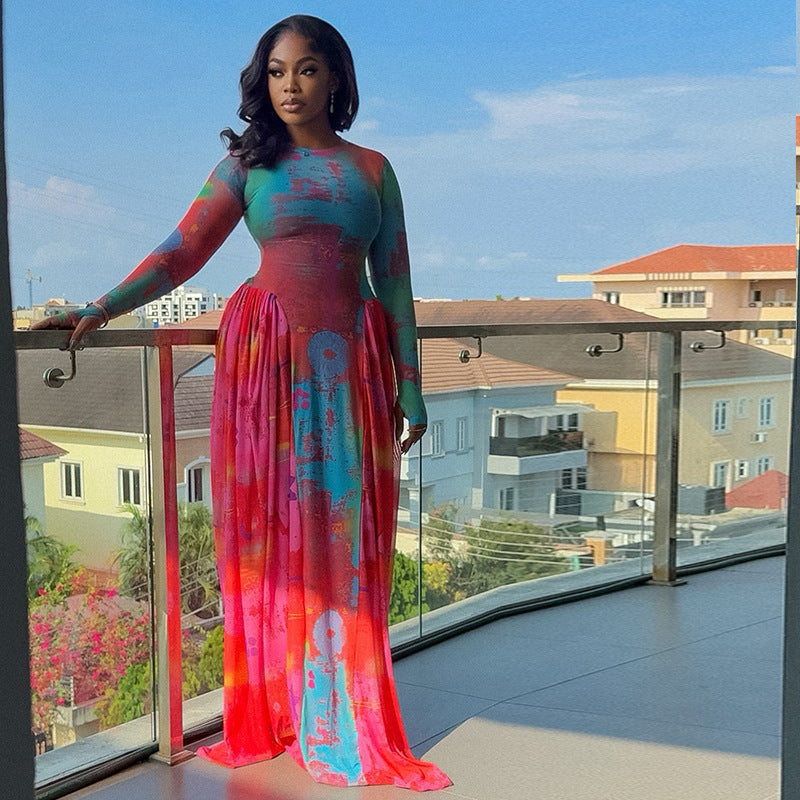 Retro Pleated Printed Patchwork Waist-cinching A-line Skirt