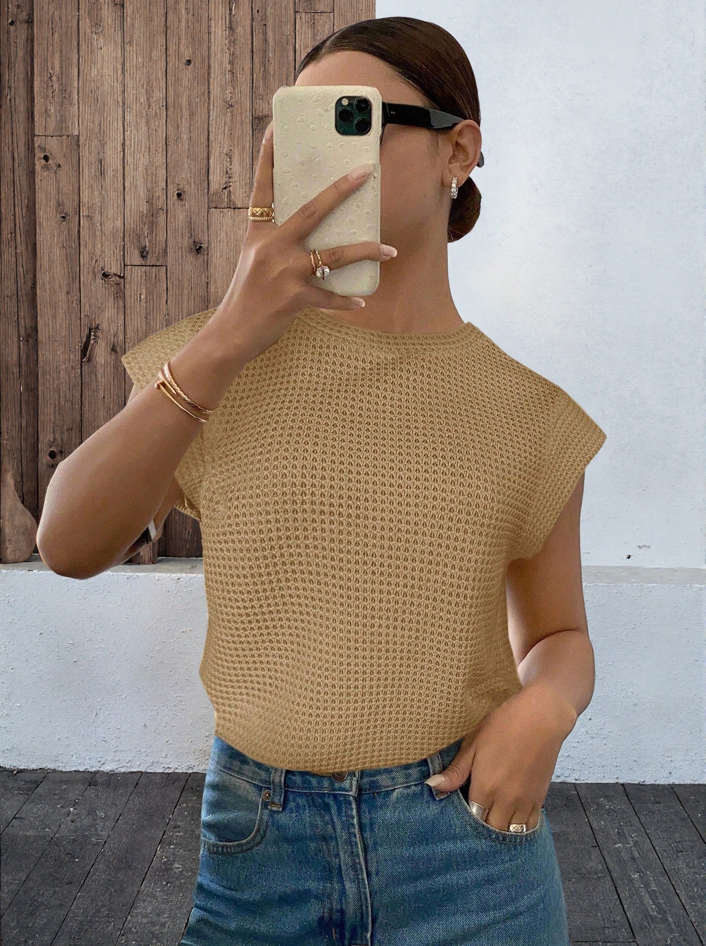 Womens Casual Crew-Neck Sleeveless Hollow-Out T-Shirt