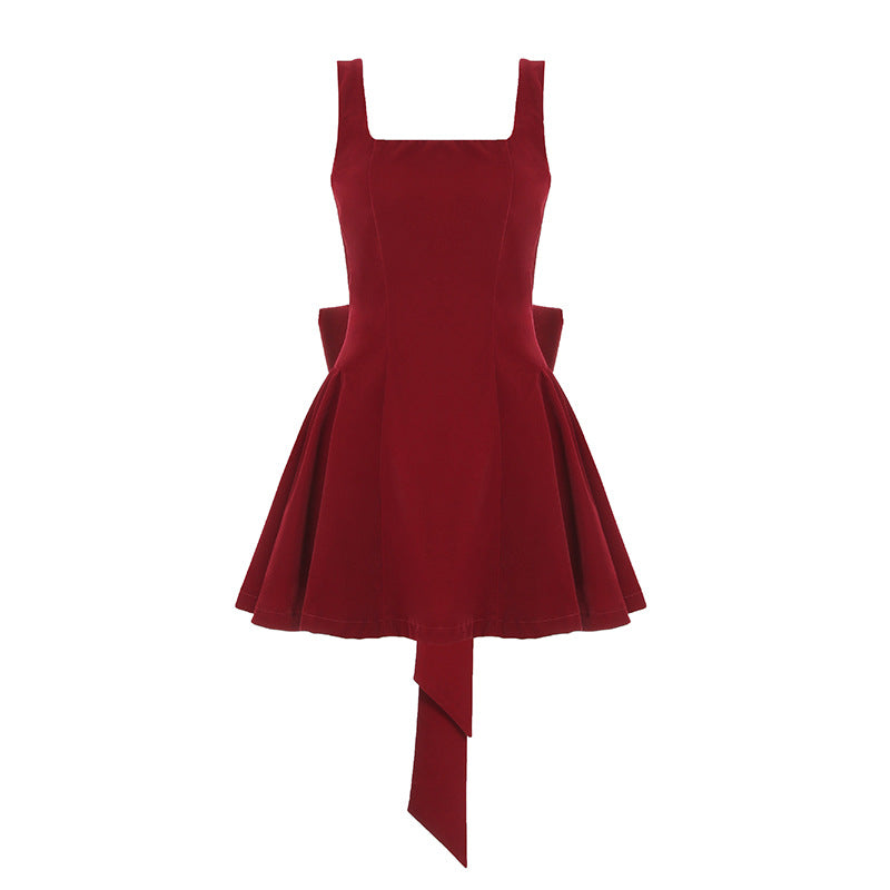 Sexy Backless Bow Red Velvet Waist-cinching A-line Dress