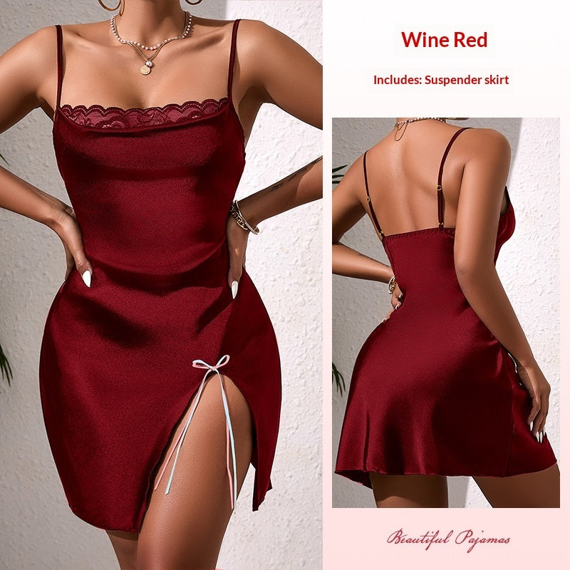 Satin Lace Slip Dress With A Side Slit