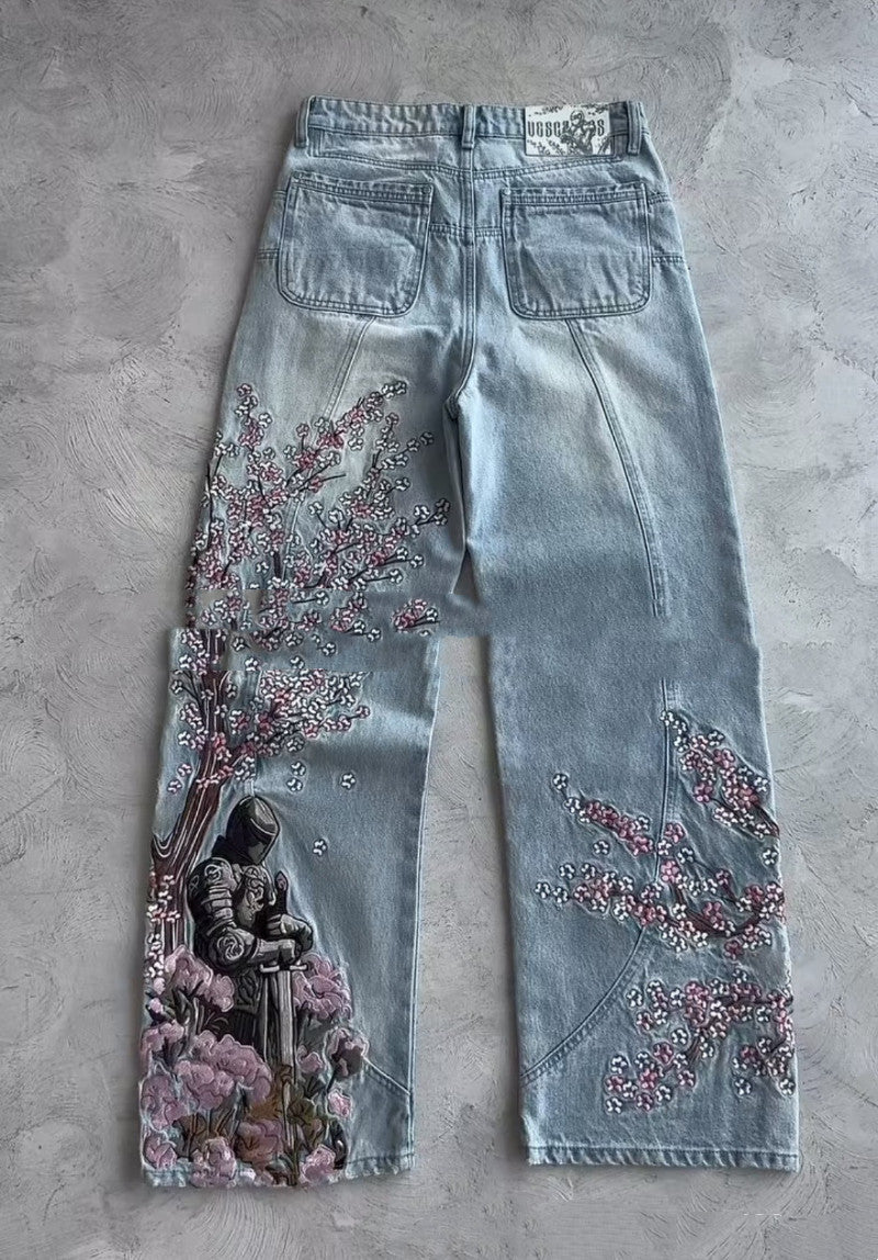 3D Digital-print Floral Faux Denim Straight-leg Floor-length Pants