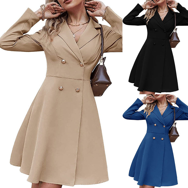 Solid-Color Double-Breasted Long-Sleeve Trench Coat Fashionable Slim-Fit Outerwear