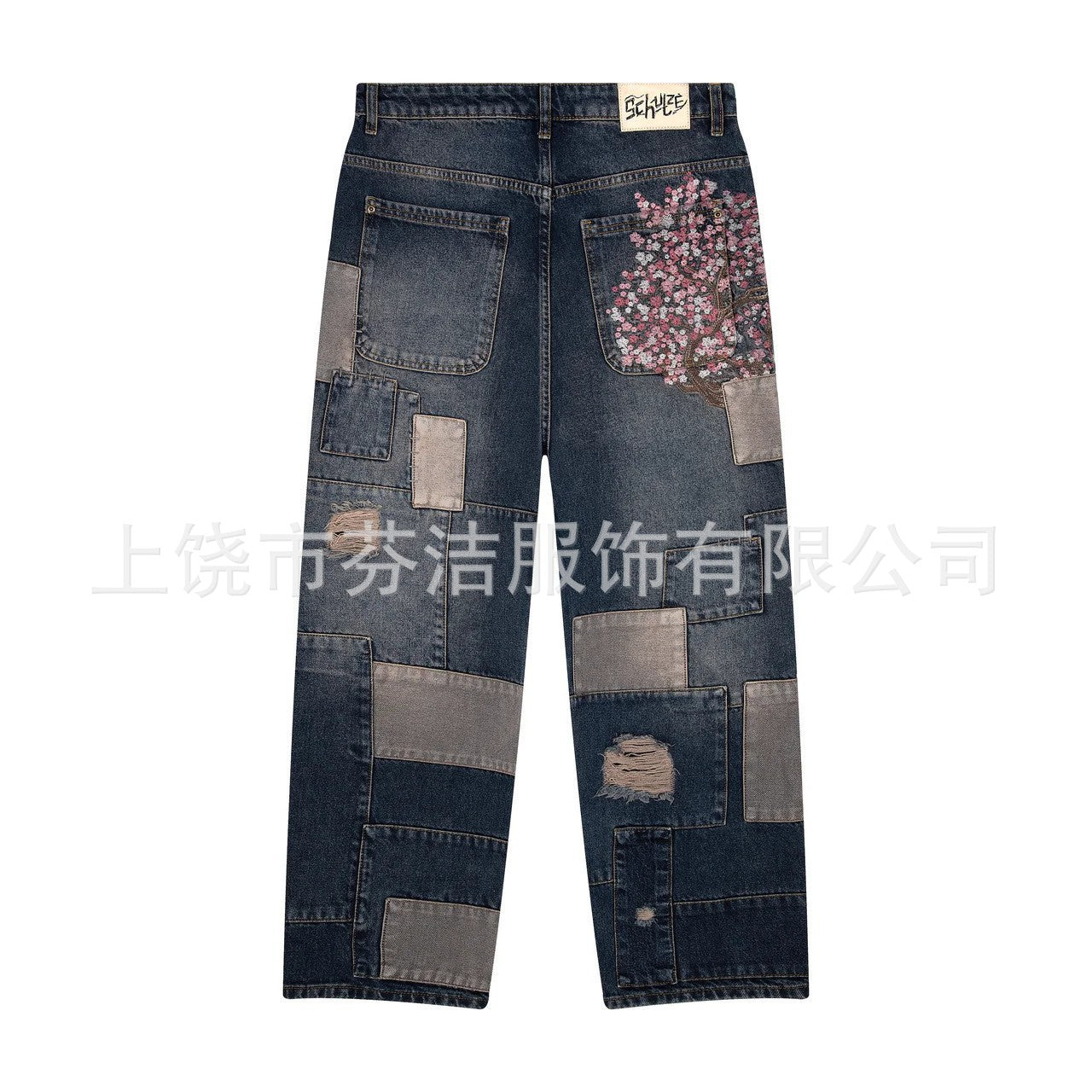 3D Digital-print Floral Faux Denim Straight-leg Floor-length Pants