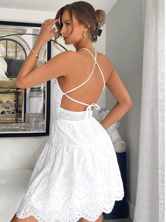 Lace Patchwork Long Dress High Waist A- Line White Dress