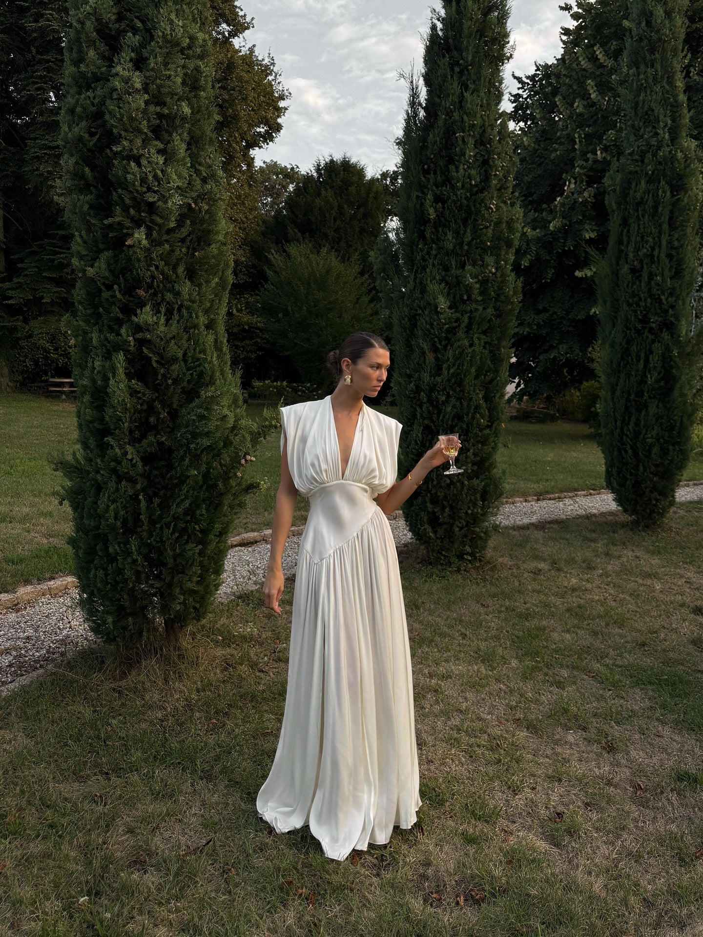 Womens V-neck Cinched-waist Slit Maxi Dress