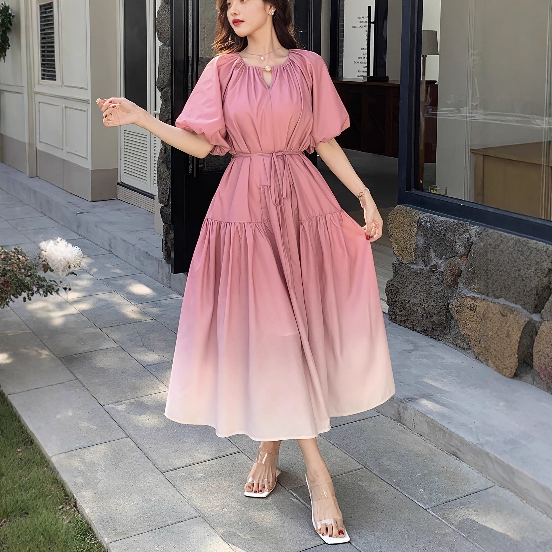 Bubble Sleeve Women's Mid-Length Waist-Cinching Elegant Dress